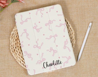 Simple Pink Bow Custom Name iPad Case Auto Wake/Sleep With Pencil Slot iPad Pro 13 12.9 11inch Air5/6 Mini6/7 10th 10.9 10.2 iPad Case