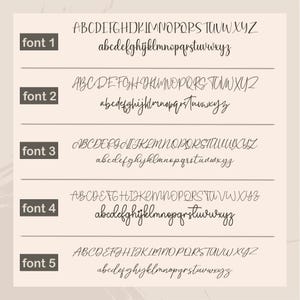 May include: A beige graphic showcasing five different font styles. Each font is displayed with the uppercase and lowercase alphabet, labeled as font 1 through font 5. The fonts vary in style, from simple to cursive.
