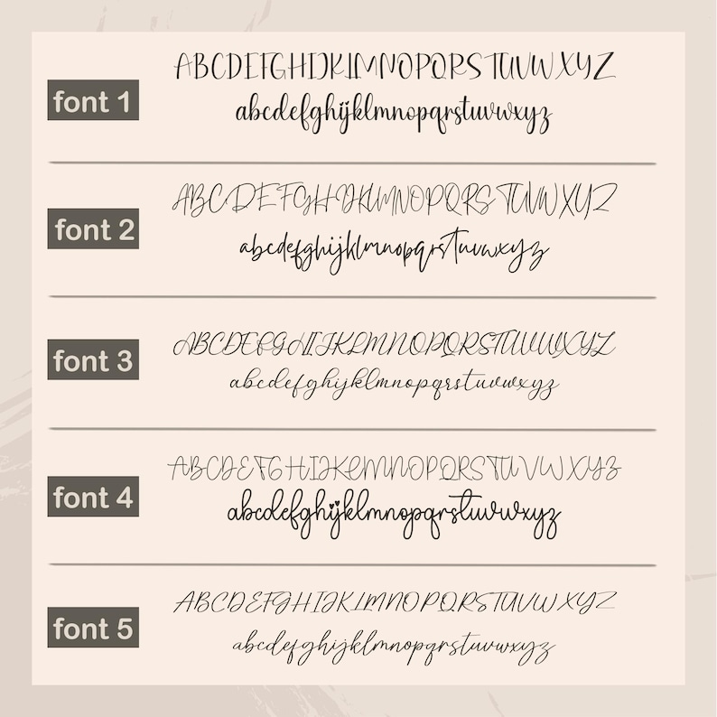 May include: A beige graphic showcasing five different font styles. Each font is displayed with the uppercase and lowercase alphabet, labeled as font 1 through font 5. The fonts vary in style, from simple to cursive.