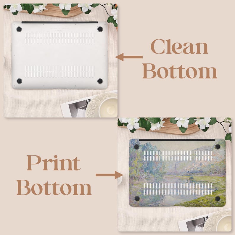 Pode incluir: Duas bases de laptop, uma branca e outra impressa com um design de paisagem. O texto "Clean Bottom" e "Print Bottom" tamb&eacute;m &eacute; vis&iacute;vel na imagem.
