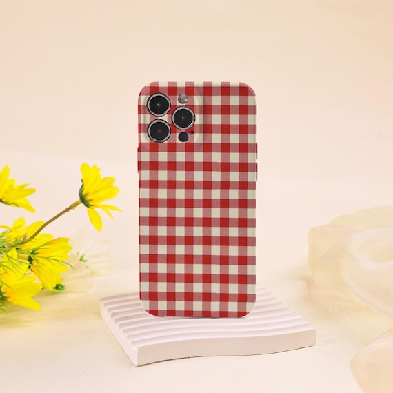 Crimson Gingham Glossy Soft Case for iPhone 17 16 15 14 13 12, 16 Plus/Pro Max, 16e/Air, 13 12 Mini, X XS XR SE, Full Lens Protection Cover