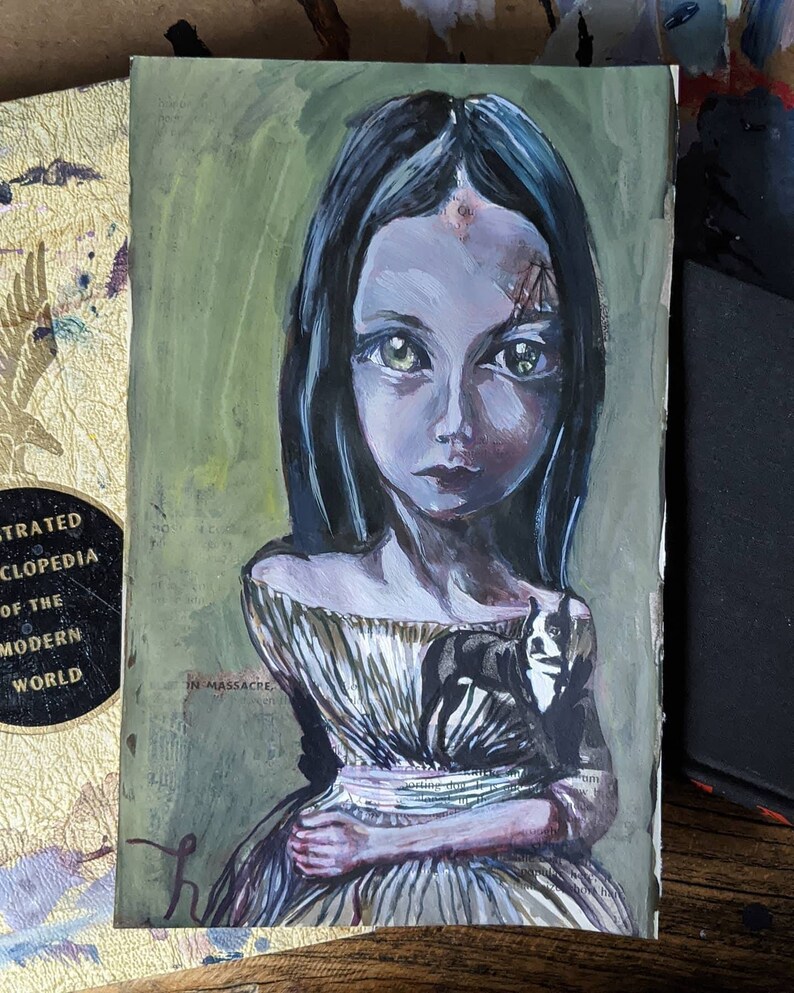 Creepy art Victorian Era Green eyed girl original egg Etsy