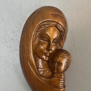 Vintage Virgin Mary and Child Hand-carved of Wood Large Wall Plaque  Sculpture