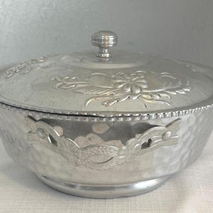 Vintage post war late 1950's hammered aluminum lid and dish,casserole dish, floral, made in Italy