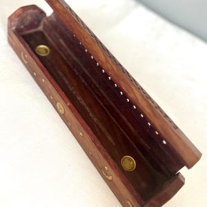 Wooden Incense Holder Coffin-Style Burner Brass Inlays Sheesham Wood Indian Rosewood