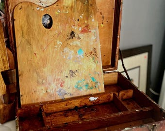 Vintage Wooden Artist Box: Paint Splattered, Art Display