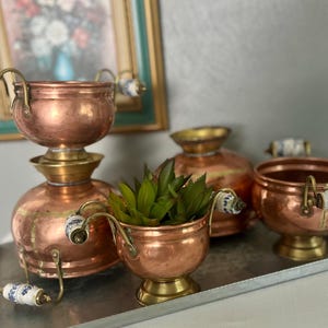 Vintage Copper Pot Handles Porcelain Planter Brass Made in France