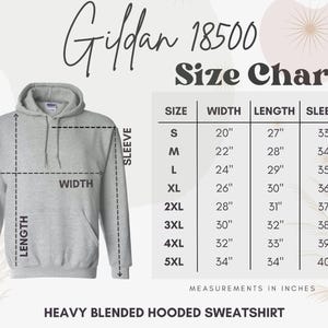 The image is a size chart for a heavy blended hooded sweatshirt, providing measurements for different sizes.