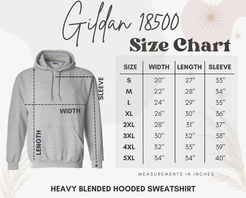 The image is a size chart for a heavy blended hooded sweatshirt, providing measurements for different sizes.