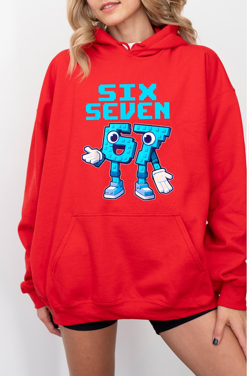 A red hoodie with a graphic design featuring a blue character and the text "Six Seven" printed on it.