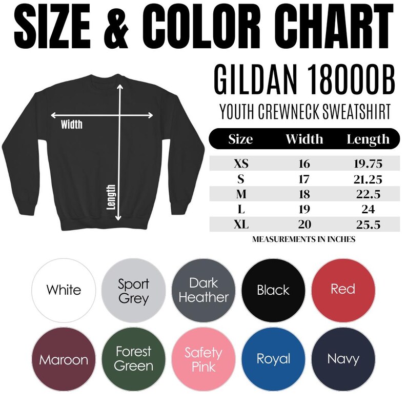 The image is a size and color chart for a GILDA 1800B youth crewneck sweatshirt. It includes a black crewneck sweatshirt, a white crewneck sweatshirt, and various color options. The chart provides measurements for different sizes and colors, including XS, S, M, L, XL, and additional colors like white, sport grey, dark heather, black, red, maroon, forest green, safety pink, royal, and navy.