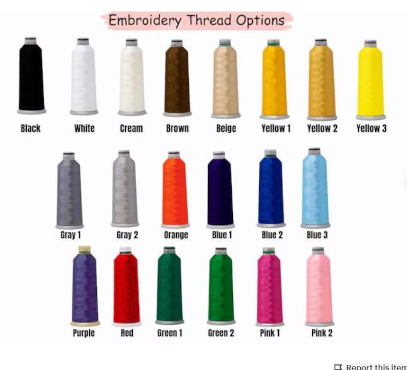 a collection of embroidery thread options, each with a different color and corresponding label.