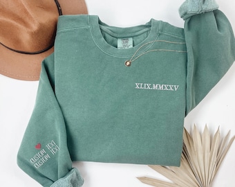 Comfort Colors Custom Embroidered Roman Numeral Sweatshirt, Couple Shirt Initial On Sleeve, Anniversary Year, Personalized Date Hoodie