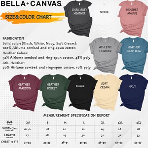 The image is a size and color chart for a collection of t-shirts, displaying various color options and corresponding sizes.