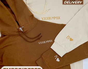 Custom Embroidered Roman Numeral Hoodie • Personalized Date and Initial Hoodie • Engagements, Anniversaries, Bachelorette's  • Couples Gift