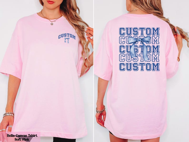 a woman wearing a pink tshirt with custom lettering