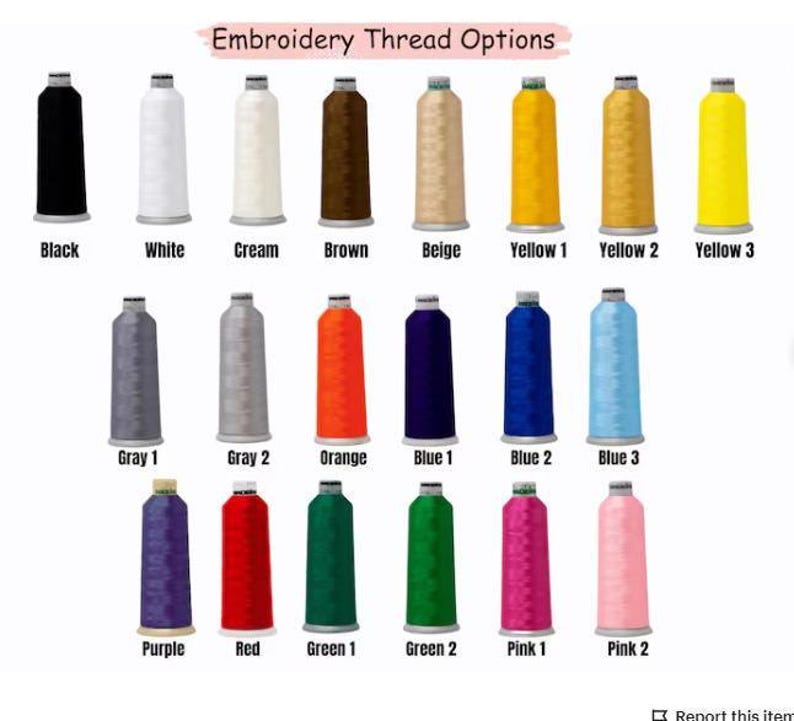 a collection of embroidery thread options, each with a different color and corresponding label.