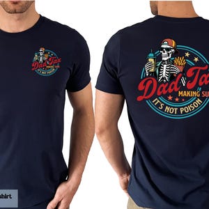 a man wearing a blue shirt with a skeleton on it