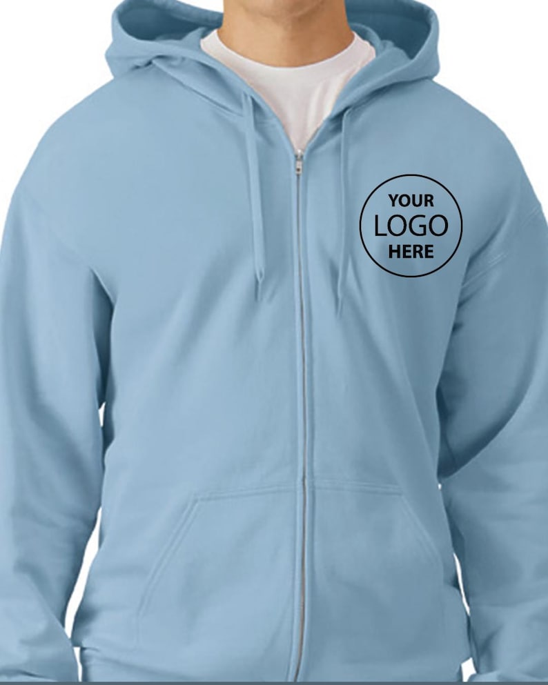 A light blue hooded sweatshirt with a black logo on the left side of the chest.