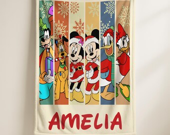 Personalized Disneyland Mickey and Friends Santa Claus Christmas Blanket, Custom Merry Christmas Party Gift, Mickey Xmas Holiday Blanket