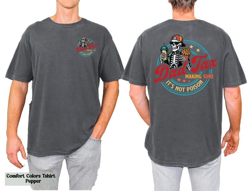 a man wearing a gray shirt with a skeleton on it