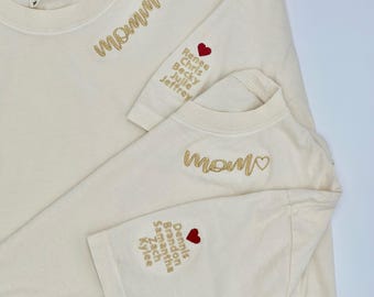 Custom Collar and Sleeve Embroidered Hoodie, Embroidered Mom, Grandmother Sweatshirt with Kids Names Kids Names, Mama Gift Shirt, Best Mom