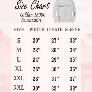 The image is a size chart for a Gildan 1800 sweatshirt, showing the measurements for different sizes: S, M, L, XL, 2XL, and 3XL.