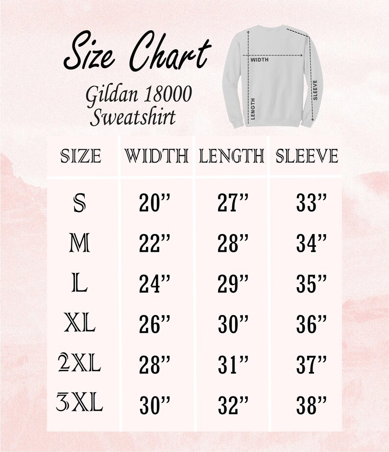 The image is a size chart for a Gildan 1800 sweatshirt, showing the measurements for different sizes: S, M, L, XL, 2XL, and 3XL.