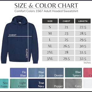 The image is a size and color chart for an adult hooded sweatshirt. It includes a navy blue hoodie with measurements and corresponding color options.