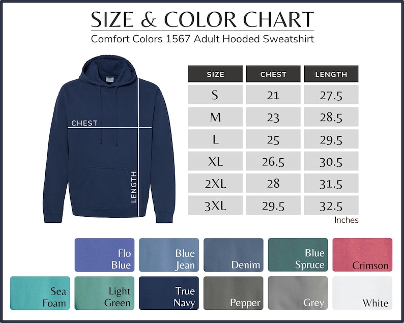 The image is a size and color chart for an adult hooded sweatshirt. It includes a navy blue hoodie with measurements and corresponding color options.