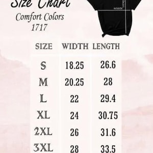 The image is a size chart for a black t-shirt, providing measurements for different sizes (S, M, L, XL, 2XL, 3XL) and corresponding widths (18.25, 26.6, 29.4, 30.75, 31.6, 33.5).