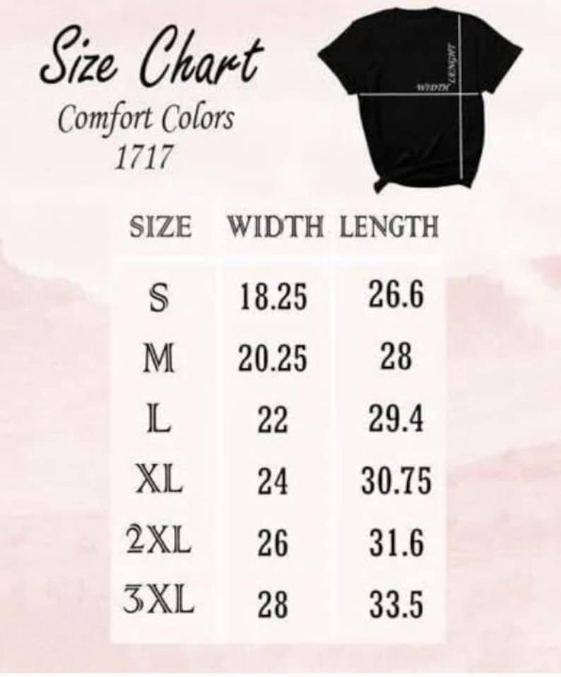 The image is a size chart for a black t-shirt, providing measurements for different sizes (S, M, L, XL, 2XL, 3XL) and corresponding widths (18.25, 26.6, 29.4, 30.75, 31.6, 33.5).