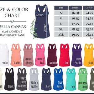 The image is a size and color chart for a women's racerback tank, featuring a variety of tank tops in different colors and sizes.