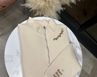 Custom Mom Embroidery 1/4 Zip Sweatshirt, Personalized Momma With Kid Names On Sleeve, Birthday Mama Gifts, Announcement Gifts