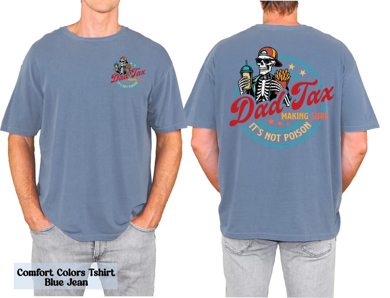 a man wearing a blue shirt with a skeleton on it