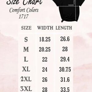 The image is a size chart for a black t-shirt, providing measurements for different sizes (S, M, L, XL, 2XL, 3XL) and corresponding widths (18.25, 26.6, 29.4, 30.75, 31.6, 33.5).