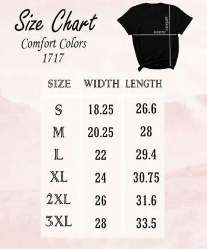 The image is a size chart for a black t-shirt, providing measurements for different sizes (S, M, L, XL, 2XL, 3XL) and corresponding widths (18.25, 26.6, 29.4, 30.75, 31.6, 33.5).