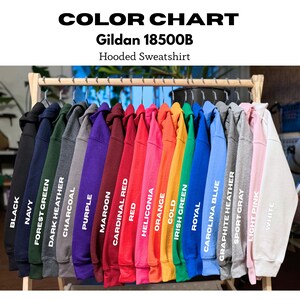 A collection of colorful hooded sweatshirts hanging on a rack, with each color labeled.
