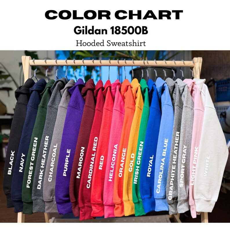 A collection of colorful hooded sweatshirts hanging on a rack, with each color labeled.