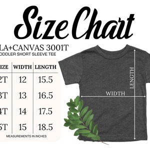 The image is a size chart for a toddler short sleeve t-shirt, providing measurements in inches for different age groups.
