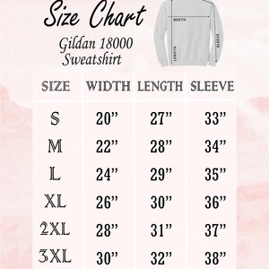 The image is a size chart for a Gildan 1800 sweatshirt, showing the measurements for different sizes: S, M, L, XL, 2XL, and 3XL.