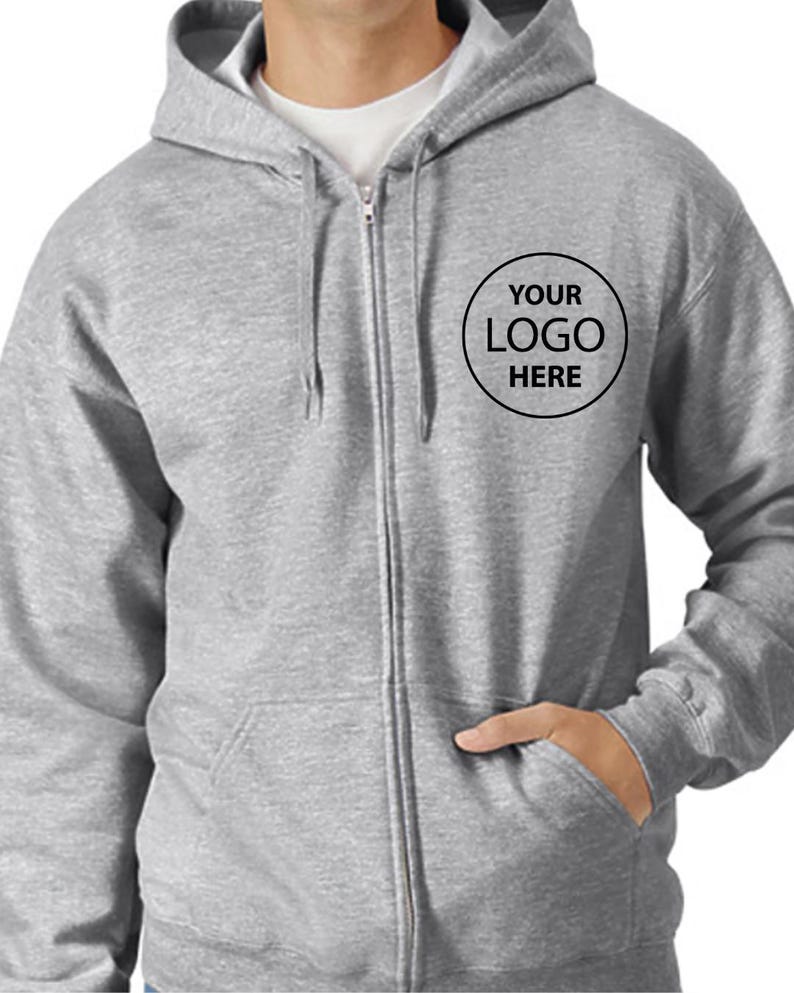 A gray zip-up hoodie with a logo on the front pocket.