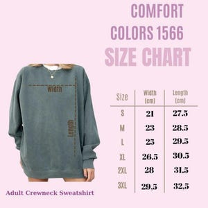 The image is a size chart for an adult crewneck sweatshirt, showing the measurements for different sizes.