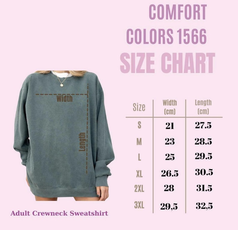 The image is a size chart for an adult crewneck sweatshirt, showing the measurements for different sizes.