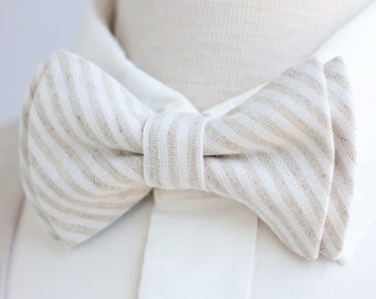 Bow Tie, Mens Bow Tie, Bowtie, Bowties, Bow Ties, Groomsmen Bow Ties, Wedding Bowties, Tan Stripe, Linen Bow Tie - Natural Linen Stripe