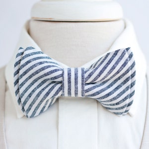 Bow Tie, Mens Bow Tie, Bowtie, Bowties, Bow Ties, Groomsmen Bow Ties, Wedding Bowties, Navy Stripe, Linen Bow Tie Navy Linen Stripe image 2