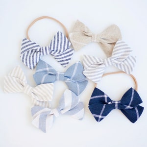 Hair Bow, Bow Headband, Headband, Headbands, Fabric Hair Bow, Hair Clip, Baby Bow, Stripe Bow, Alligator Clip - Linen Classic Collection