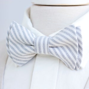 Bow Tie, Mens Bow Tie, Bowtie, Bowties, Bow Ties, Groomsmen Bow Ties, Wedding Bowties, Linen, Gray Stripe, Linen Bow Tie - Gray Linen Stripe