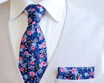 Necktie, Neckties, Mens Necktie, Neck Tie, Floral Neckties, Groomsmen Necktie, Groomsmen Gift, Weddings, Ties, Rifle Paper Co - Rosa In Navy