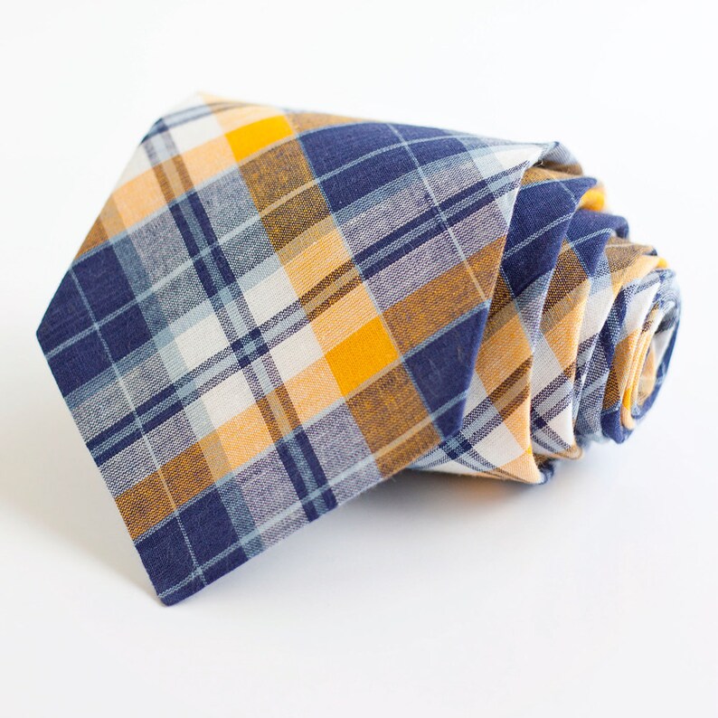 Necktie, Neckties, Mens Necktie, Neck Tie, Mens Necktie, Groomsmen Necktie, Ties, Wedding Neckties Navy and Yellow Organic Madras Plaid image 1